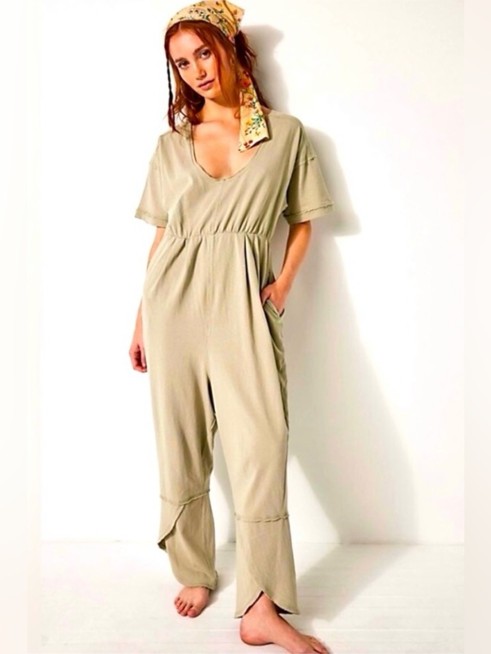 NWT Free People Intimately Good Side Relaxed Fit Crop Leg Romper Lima Bean Sz M